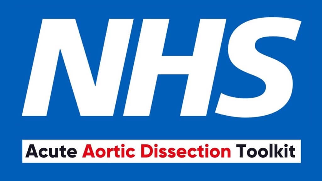 An NHS-branded image promoting the "Acute Aortic Dissection Toolkit." The NHS logo is prominently displayed in bold white text on a blue background, with the title of the toolkit written below in black and red text, highlighting "Aortic Dissection."